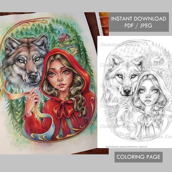 Little Red Riding Hood Wolf Coloring Page Grayscale illustration Instant Download Printable File (JPEG and PDF)