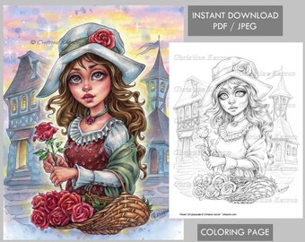 Flower Girl Coloring Page Grayscale illustration Medieval Town Rose Basket Instant Download Printable File (JPEG and PDF) Christine Karron