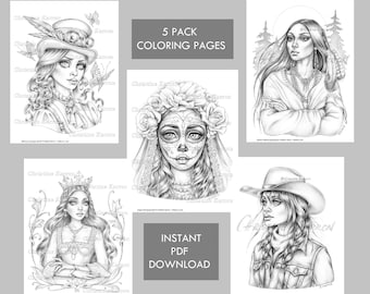 Female Character Faces  5 Pack GRAYSCALE coloring pages Steampunk Cowgirl Sugar Skull Queen Instant Download 5 PDF Files Christine Karron