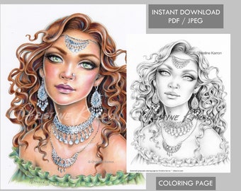 Gypsy Esmeralda Coloring Page Grayscale Instant Download Printable File (JPEG and PDF)