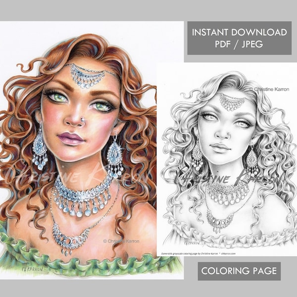 Gypsy Esmeralda Coloring Page Grayscale Instant Download Printable File (JPEG and PDF)