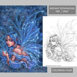 Astral Fae Coloring Page Grayscale illustration Fairy Wings Stars Universe Instant Download Printable File (JPEG and PDF) Christine Karron