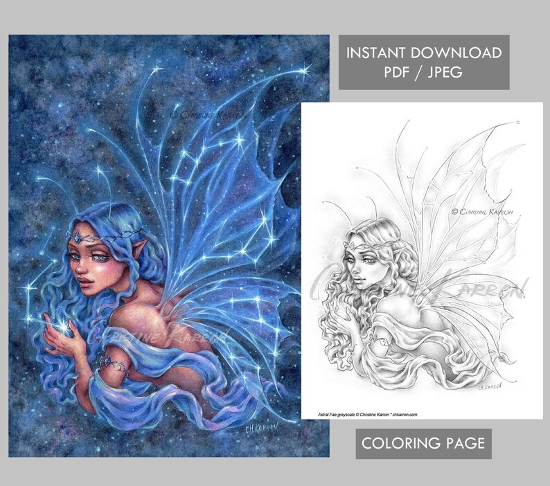 Astral Fae Coloring Page Grayscale illustration Fairy Wings Stars Universe Instant Download Printable File JPEG and PDF Christine Karron image 1