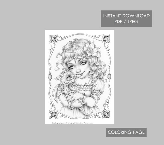 Baby Dragon Coloring Page Grayscale Instant Download Printable Etsy