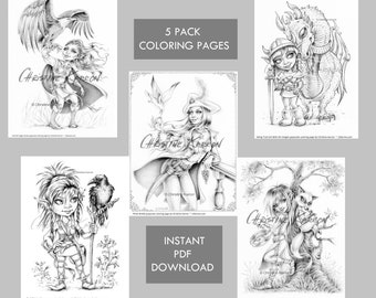 Troll Pirate Girls Fantasy Fairytale 5 Pack GRAYSCALE coloring pages Instant Download 5 PDF Files