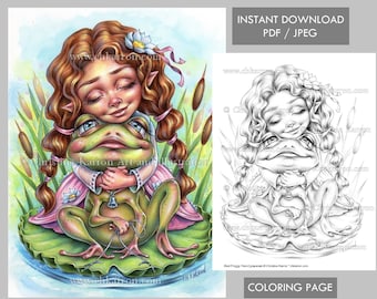 Best Froggy Friend Coloring Page Grayscale illustration Elf girl Cute Fairy Frog Instant Download Printable File (JPEG/PDF) Christine Karron