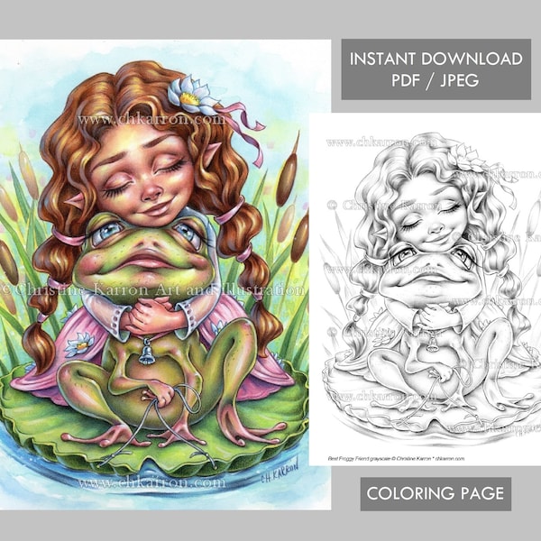 Best Froggy Friend Coloring Page Grayscale illustration Elf girl Cute Fairy Frog Instant Download Printable File (JPEG/PDF) Christine Karron