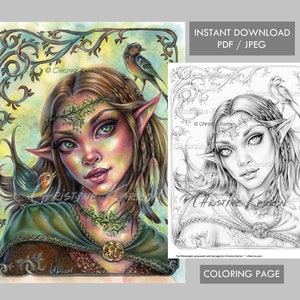 May include: A printable colouring page featuring a detailed illustration of an elf woman with long flowing hair, wearing a green cloak and a crown of leaves. She is surrounded by birds and vines. The colouring page is titled "Colouring Page" and includes the artist's signature "Christine Karrson".