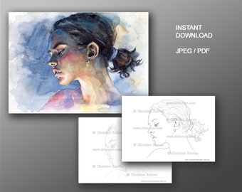 Female Portrait 1 Pencil-Sketch & Line-Drawing, Instant Color-Along Download, Printable Files (JPEG+PDF) Watercolor art Christine Karron