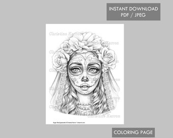 Página para colorear de calavera de azúcar Ilustración en escala de grises Retrato de cara Chica Flores Descarga instantánea de archivos imprimibles (JPEG y PDF) Christine Karron