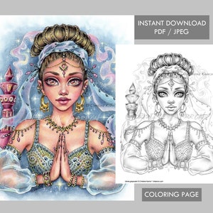 Genie in een fles kleurplaat GRIJSWAARDEN Magische geest illustratie Instant Download afdrukbaar bestand (JPEG en PDF) Christine Karron