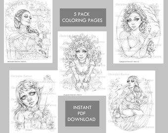 Fairy Elf Mermaid Fantasy Female 5 Pack GRAYSCALE coloring pages Flower Dragon Fae Portrait Instant Download 5 PDF Files Christine Karron