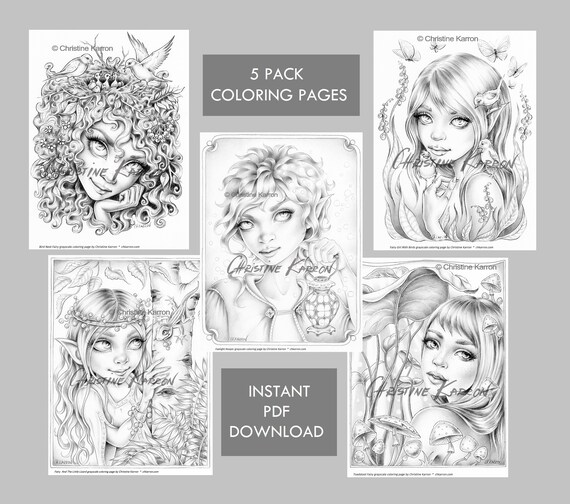Set of 5 Fairy Elf GRAYSCALE coloring pages 5 Pack Instant | Etsy