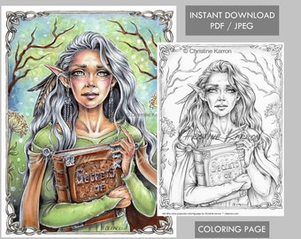 Página para colorear en escala de grises de Old Wise Fairy Descarga instantánea de archivos imprimibles (JPEG y PDF)