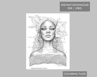 Nala Christine Karron Coloring Page Grayscale illustration Female Portrait Dark Skin Flower Instant Download Printable Files (JPEG + PDF)