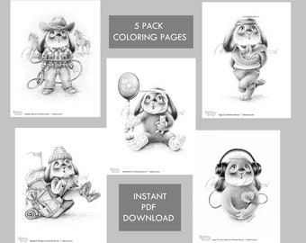 Benny Blue 5 Pack #7 GRAYSCALE coloring pages Instant Download 5 PDF Files