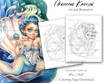 Mermaid's Pearl Coloring Page Grayscale Line-art illustration Fantasy Seashell Instant Download Printable Files (JPEG+PDF) Christine Karron
