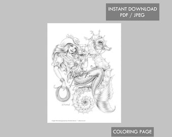 Cowgirl Mermaid  Coloring Page Grayscale Instant Download Printable File (JPEG and PDF)