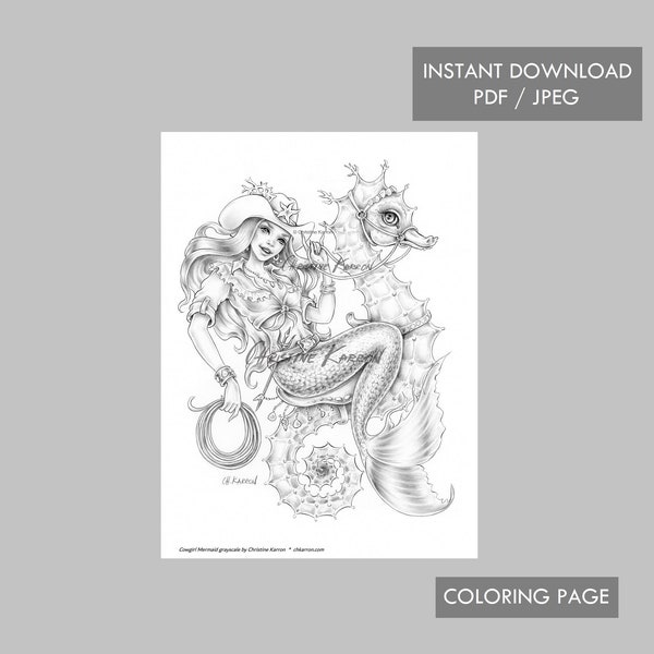 Cowgirl Mermaid  Coloring Page Grayscale Instant Download Printable File (JPEG and PDF)