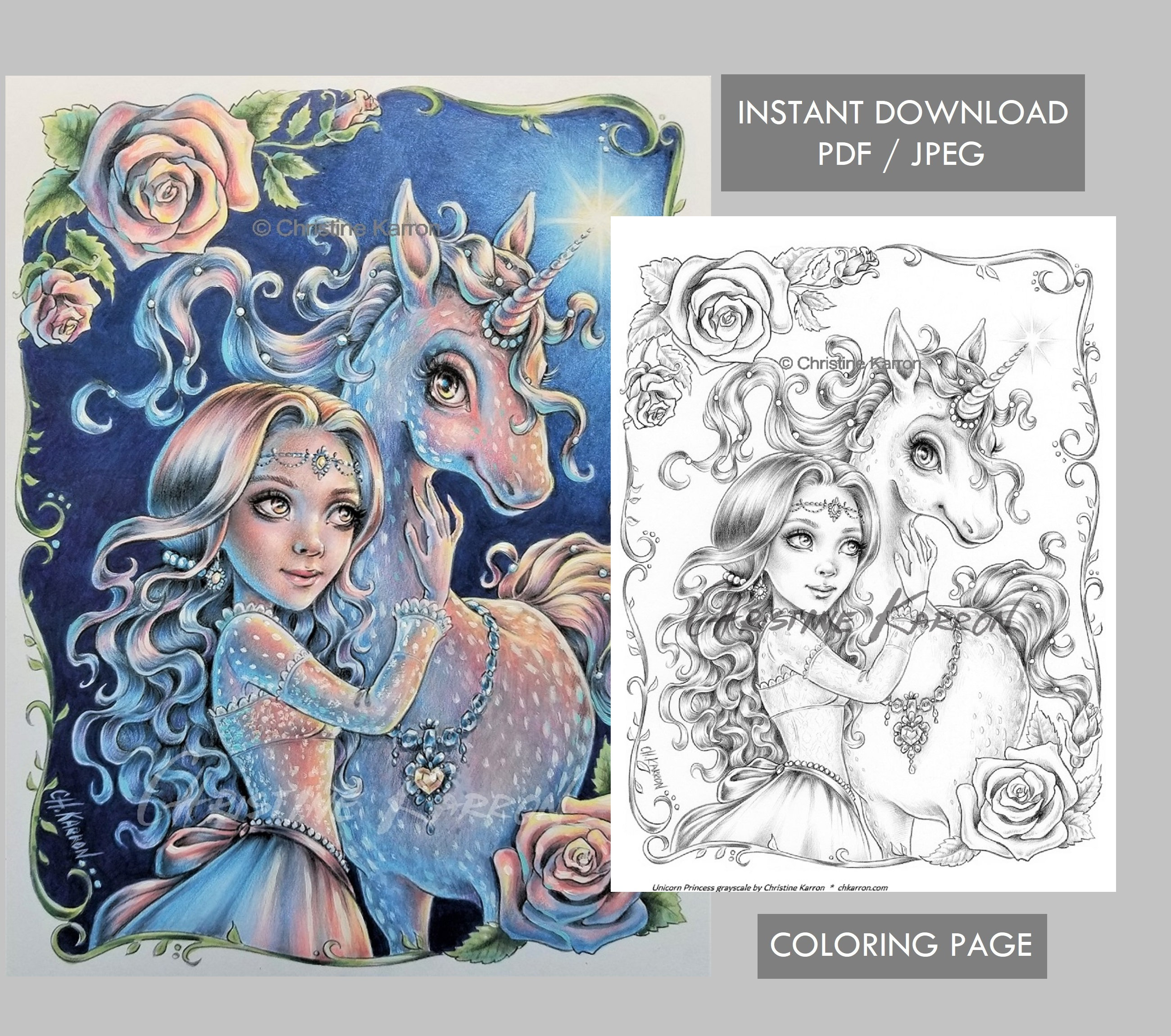 Unicorn Princess Coloring Page Grayscale Instant Download Printable File  JPEG and PDF
