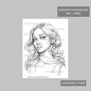 Boucle d'oreille fleur Christine Karron Coloriage Illustration en niveaux de gris Portrait de femme printanière Fichiers imprimables à téléchargement immédiat JPEG PDF image 1