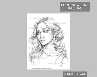 Flower Earring Christine Karron Coloring Page Grayscale illustration Female Spring Portrait Instant Download Printable Files (JPEG + PDF)