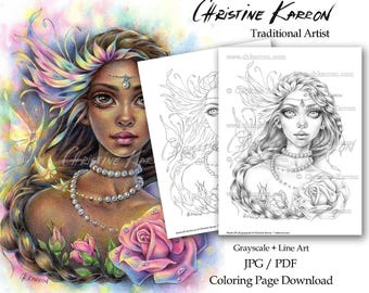 Perlas de la vida Christine Karron Página para colorear Escala de grises y arte lineal Ilustración Hada Fantasía Flor Rosa Descarga instantánea JPG+PDF imprimible