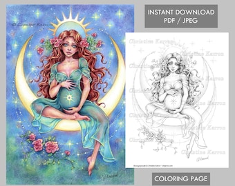 Puede incluir: Una página para colorear que presenta a una mujer embarazada sentada en una luna creciente con estrellas y flores que la rodean. La mujer tiene el pelo largo y rojo y lleva un vestido azul. La luna está rodeada por un halo de luz.
