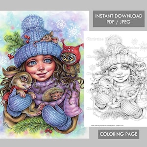 May include: A colouring page featuring a girl with long brown hair wearing a blue knitted hat and mittens. She is surrounded by a variety of animals including a rabbit, a hedgehog, a mouse, and an owl. The background is a light blue watercolour wash with snowflakes.