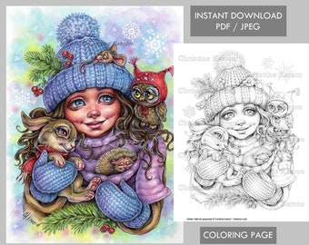 Winter Warmth Coloring Page Grayscale illustration Cute Girl Owl Rabbit Snow Instant Download Printable File (JPEG and PDF) Christine Karron