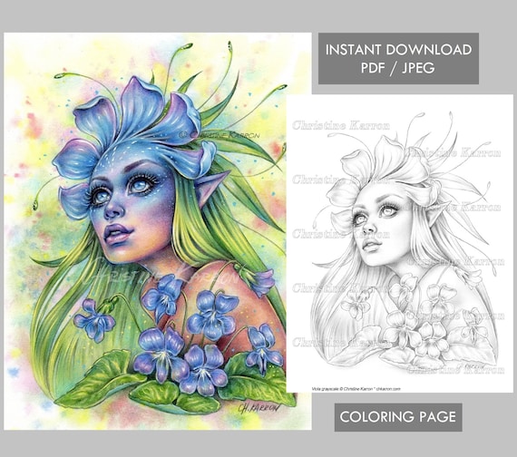 Viola Coloring Page Grayscale illustration Female Fairy Elf Flower Portrait  Instant Download Printable File (JPEG and PDF) Christine Karron