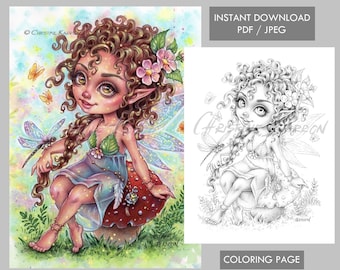 Fae Darling Fairy GRAYSCALE Coloriage Page mignon grands yeux fantasy fille libellule illustration Téléchargement instantané Fichier imprimable (JPEG et PDF)