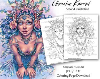Nixie - Mermaid Coloring Page Grayscale Line-art illustration Princess Portrait Instant Download Printable File (JPEG+PDF) Christine Karron