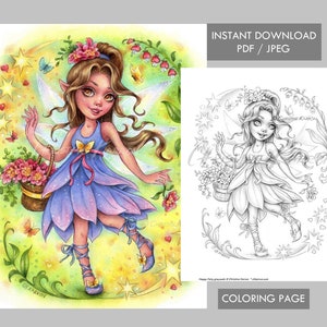 Happy Fairy Coloring Page Grayscale Instant Download Printable File (JPEG and PDF) Christine Karron
