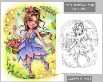 Happy Fairy Coloring Page Grayscale Instant Download Printable File (JPEG and PDF) Christine Karron