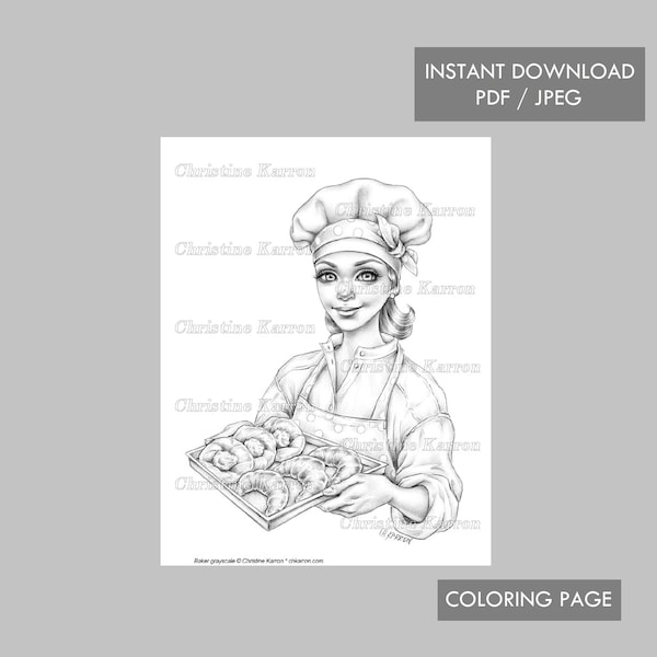 Baker Coloring Page GRAYSCALE Female Pastry Chef working woman illustration Instant Download Printable File (JPEG and PDF) Christine Karron