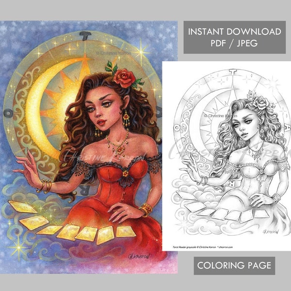 Tarot Reader Coloring Page Grayscale illustration Instant Download Printable File (JPEG and PDF)