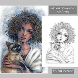 May include: A coloring page featuring a woman with curly brown hair holding a Siamese cat. The woman is wearing a white robe and the cat is looking at the viewer. The image is in black and white.