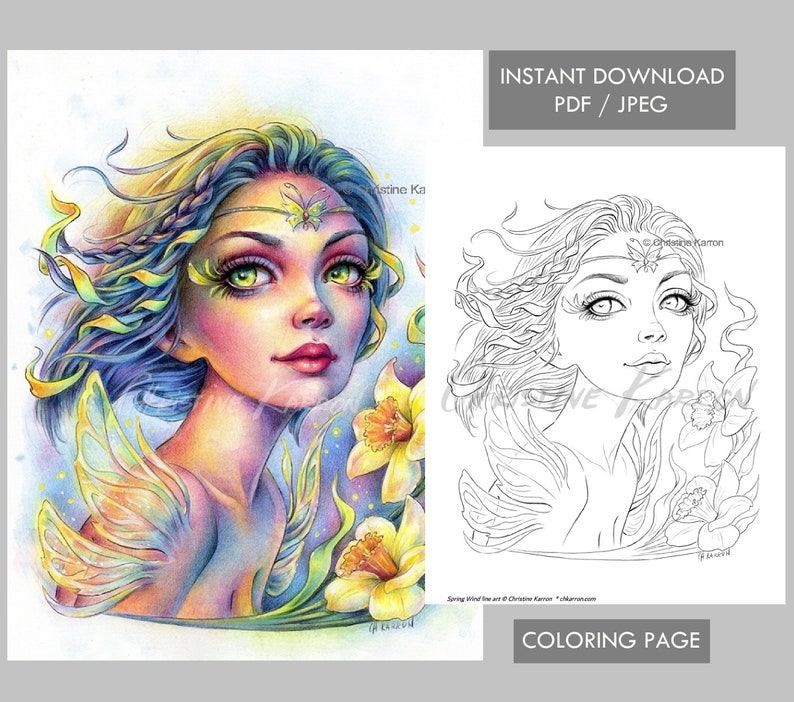 JPEG and PDF Spring Wind Fairy Coloring Page Line-art illustration Instant Download Printable File