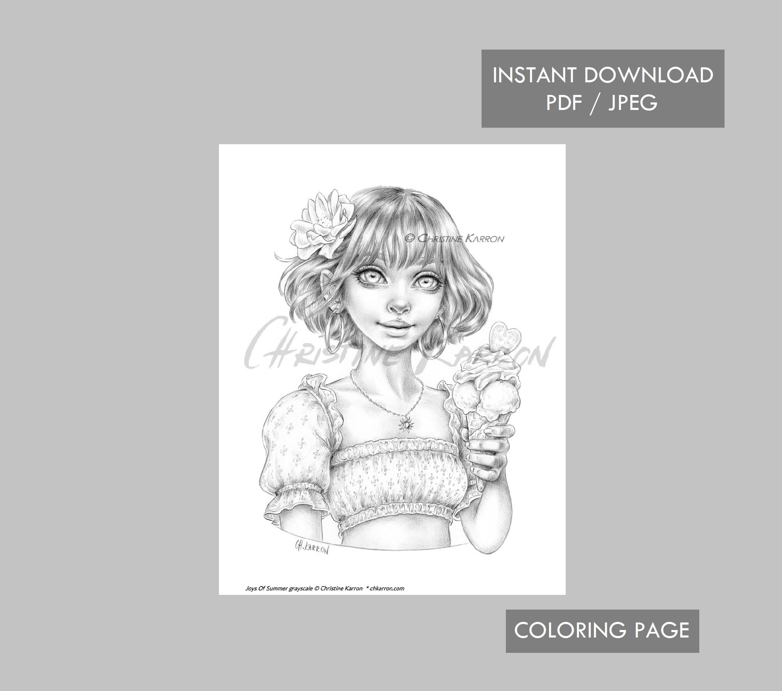 Joys Of Summer Ice Cream Girl Coloring Page GRAYSCALE illustration In…