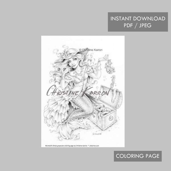 Mermaid's Shoes Coloring Page Grayscale Instant Download Printable File (JPEG and PDF)