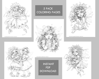 Cute Fairies set of 5 GRAYSCALE coloring pages 5 Pack Fairy Friends Flowers Instant Download PDF Files Christine Karron