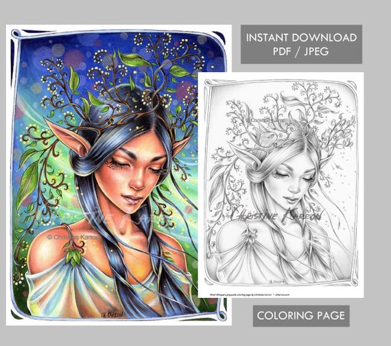 JPEG and PDF Spring Wind Fairy Coloring Page Line-art illustration Instant Download Printable File