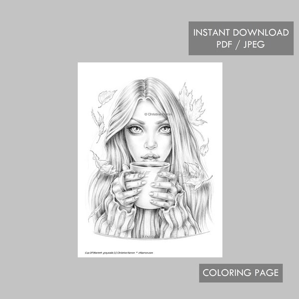 Cup Of Warmth Coloring Page Grayscale illustration Instant Download Printable File (JPEG and PDF)