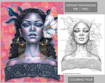 Nala Christine Karron Coloriage Illustration en niveaux de gris Portrait de femme Peau foncée Fleur Fichiers imprimables à téléchargement immédiat (JPEG + PDF)