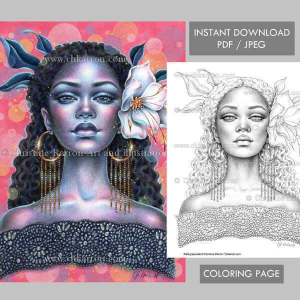 Nala Christine Karron Coloring Page Grayscale illustration Female Portrait Dark Skin Flower Instant Download Printable Files (JPEG + PDF)