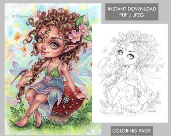 Fae Darling Fairy Coloring Page line art fantasy big eyes cute girl dragonfly illustration Instant Download Printable File (JPEG and PDF)