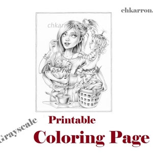 Grayscale Coloring Page - Mother's Day illustration Instant Download Printable File (JPEG and PDF)