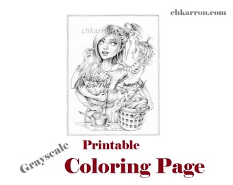 Grayscale Coloring Page - Mother's Day illustration Instant Download Printable File (JPEG and PDF)