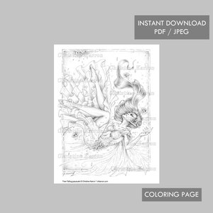 May include: A black and white colouring page featuring a woman with long flowing hair, wearing a flowing gown, falling through the air. The woman is surrounded by small flowers and leaves. The text "Free Falling printable © Christine Karron - karron.com" is at the bottom of the page.